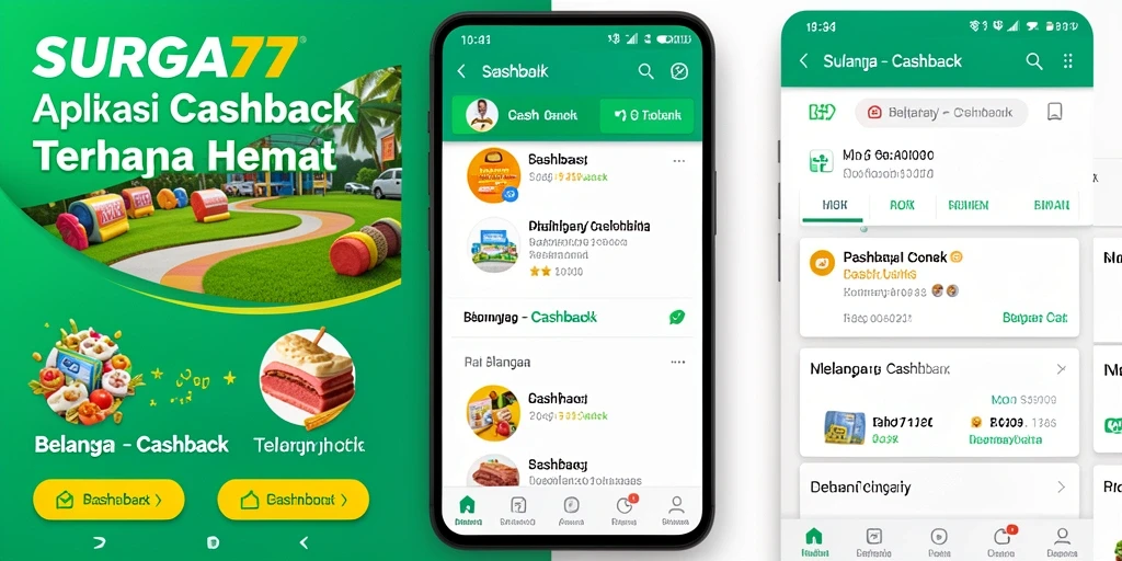 Tampilan antarmuka aplikasi SURGA77 dengan berbagai fitur Cashback.